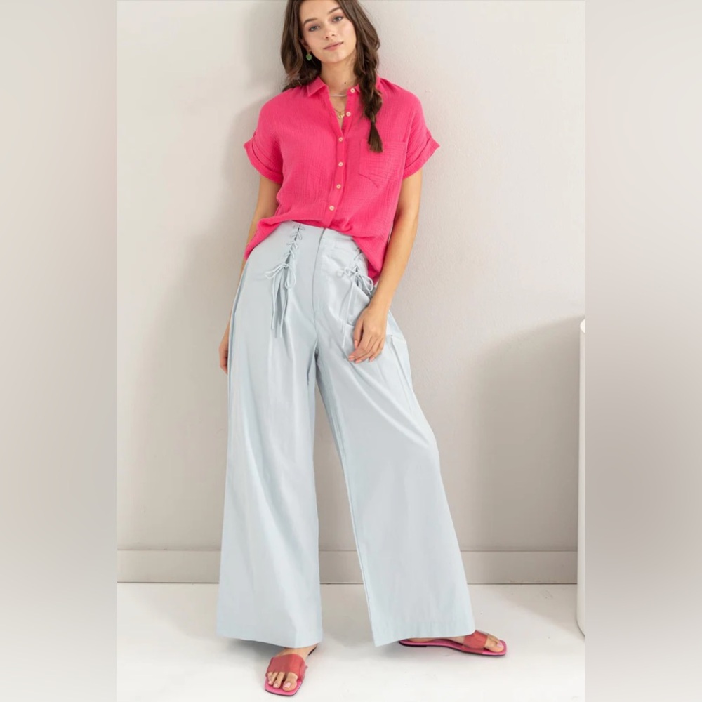 “Baby Blues Me Away pants”  wide leg high waist boutique pants tie front detail